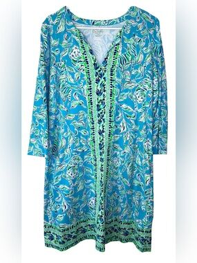 Lilly Pulitzer Nadine UPF 50+ Blue Ibiza Open Water Dress Mosaic Large Preppy